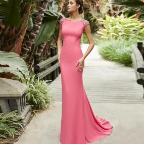 Abiti da ballo rosa con scollo a O Maniche ad aletta Abiti da sera Sirena con perline Jersey Abiti da cerimonia nuziale lunghi f
