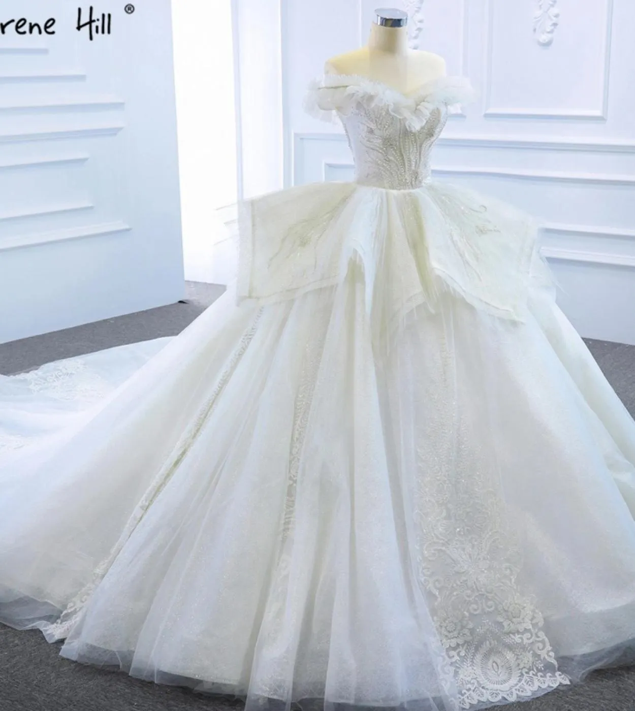 Abiti da sposa di lusso bianchi con spalle scoperte Abiti da sposa di fascia alta bordati a file Hm67185 Abiti da sposa su misur
