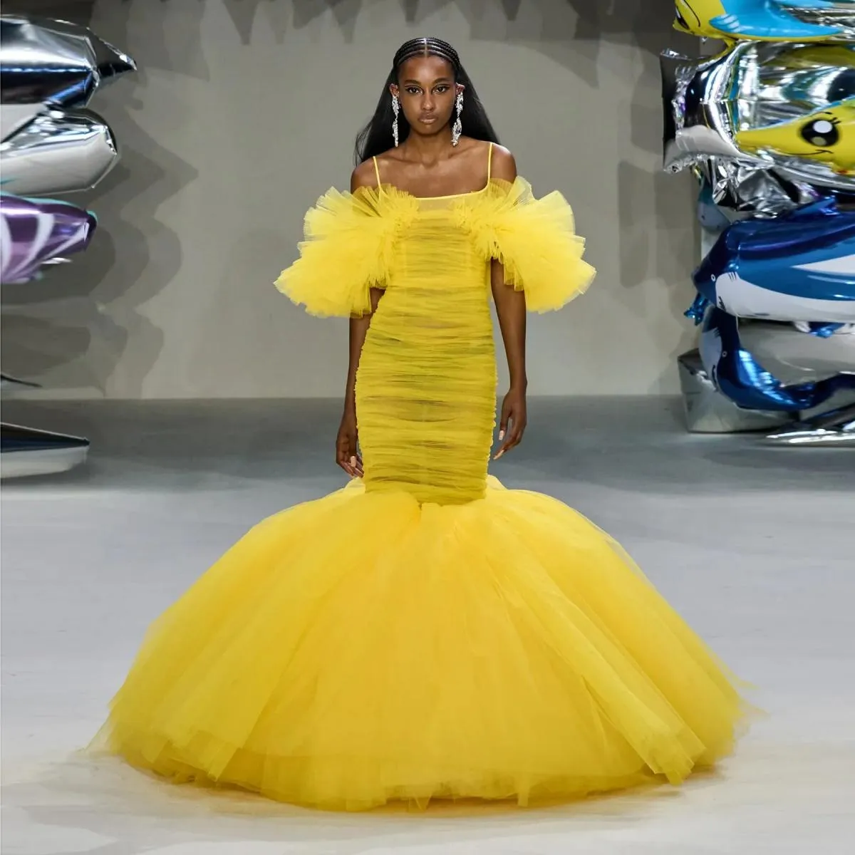 Abiti De Noche 2023 I Più Nuovi Abiti Da Festa Per Le Donne Giallo Increspato Tulle Lungo Abiti per party di matrimonio Sirena A