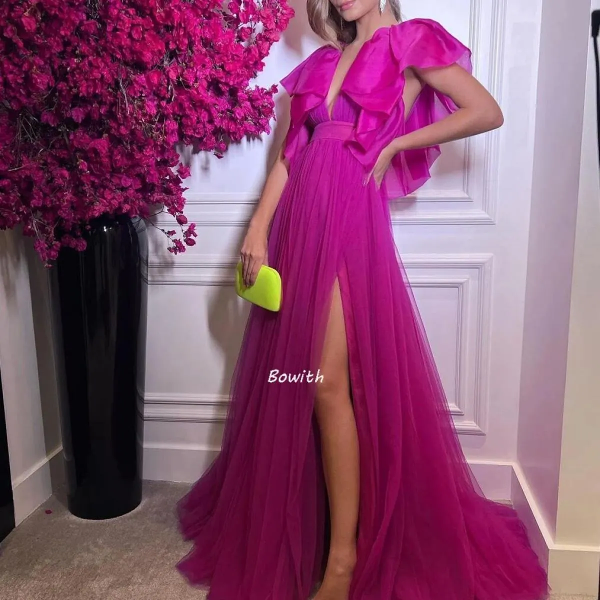 Bowith Fusia Abiti da sera Elegante abito da festa con lunghezza fino al pavimento Abiti formali da sera Abiti da celebrità di l