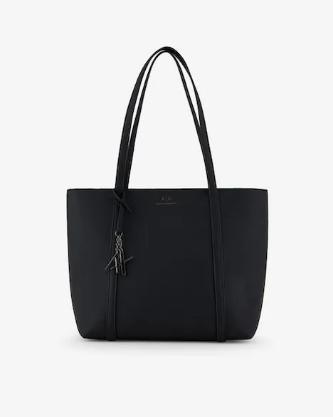 Shopping bag in similpelle martellata con stampa logo grigia sul davanti e charm logo appicato sul manico