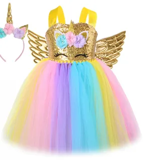 Vestito da unicorno con paillettes dorate per ragazze Abiti da compleanno principessa con ali in corno Vestito per bambini Costu